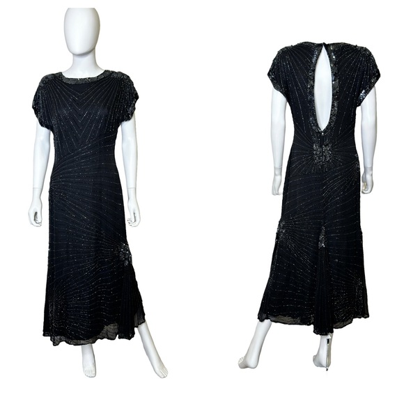 Oleg Cassini Vintage 1980’s Silk A-Line Beaded Long Dress in Black - Picture 1 of 10